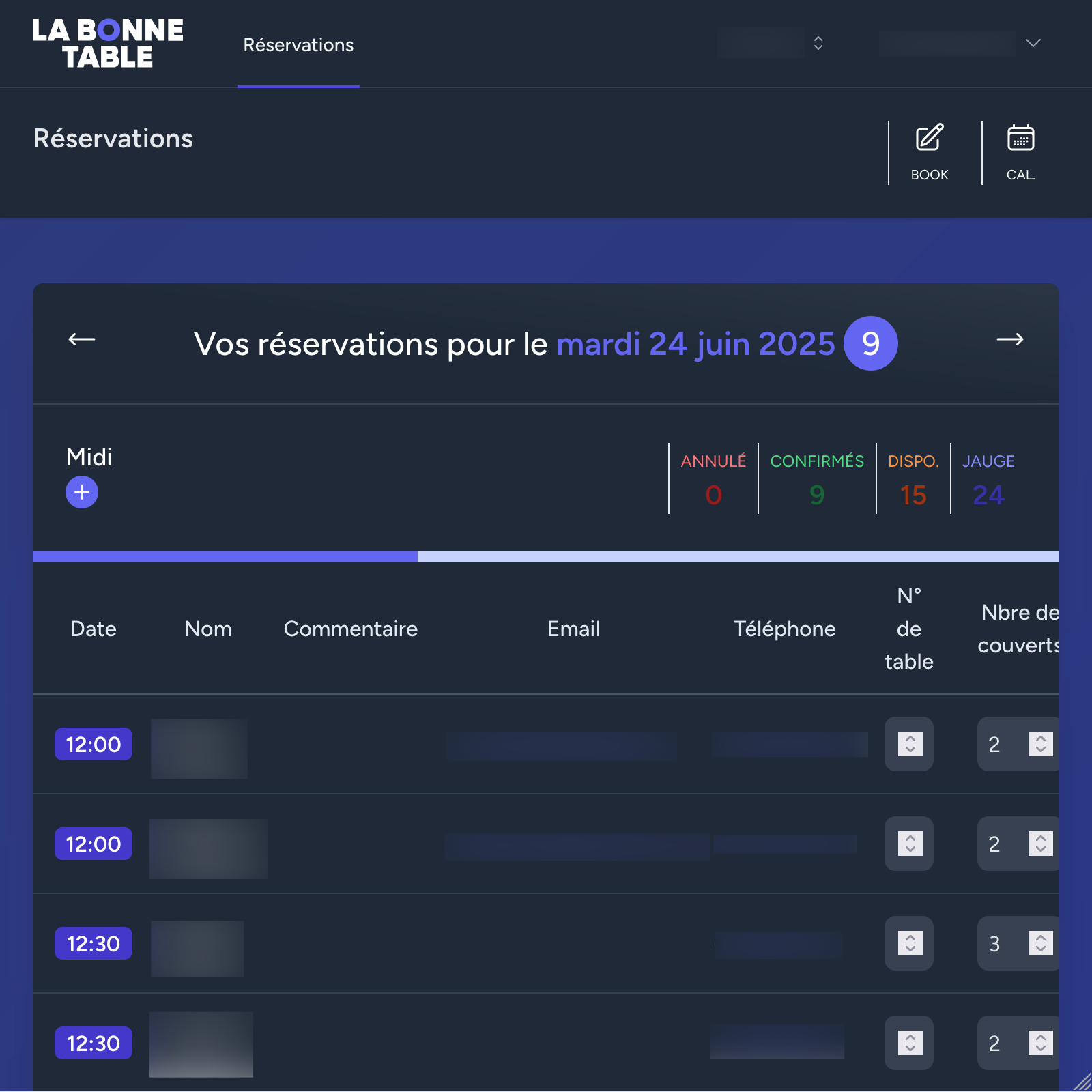 interface qui liste les réservations